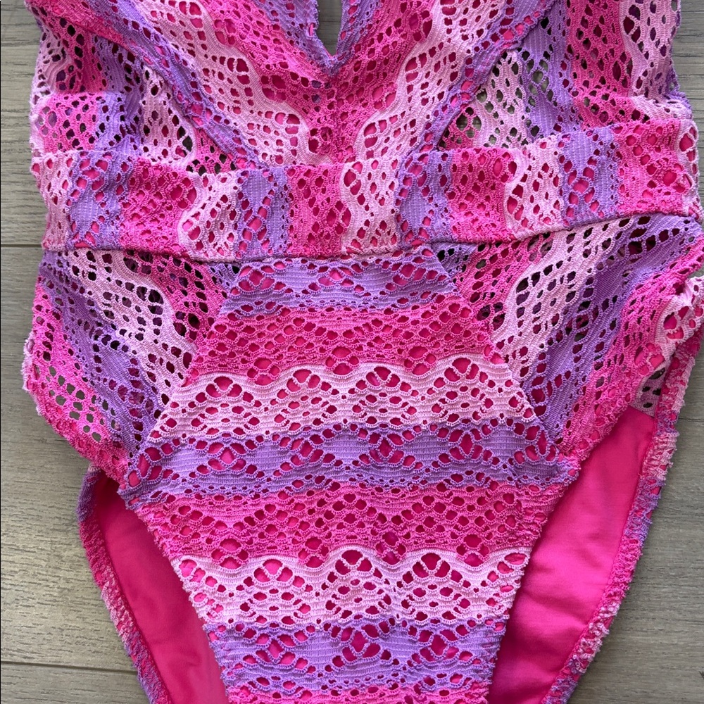 Becca pink crochet one piece swimsuit - Picture 3 of 9